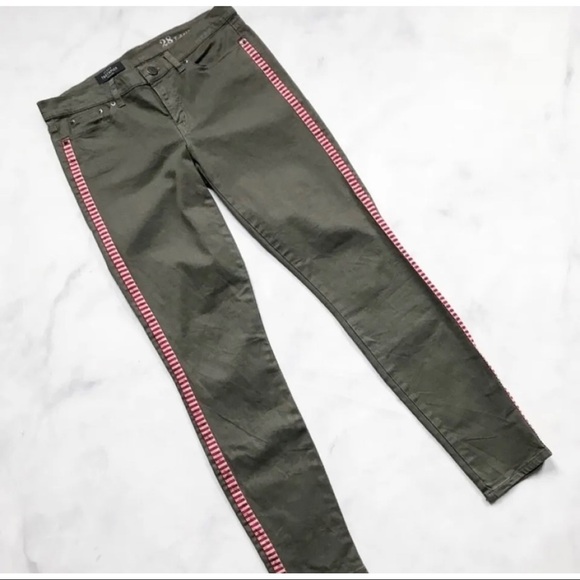 J Crew Women Sz 26 Army Green Red Embroidered Tuxedo Stripe Toothpick Ankle Jean - Picture 5 of 11